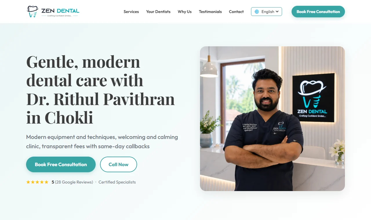 Zen Dental website, hero section